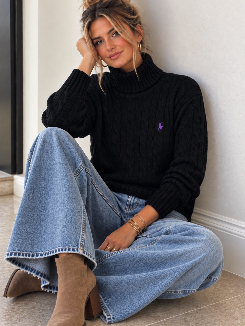 Ralph Lauren Black Cable Turtleneck Sweater - XL